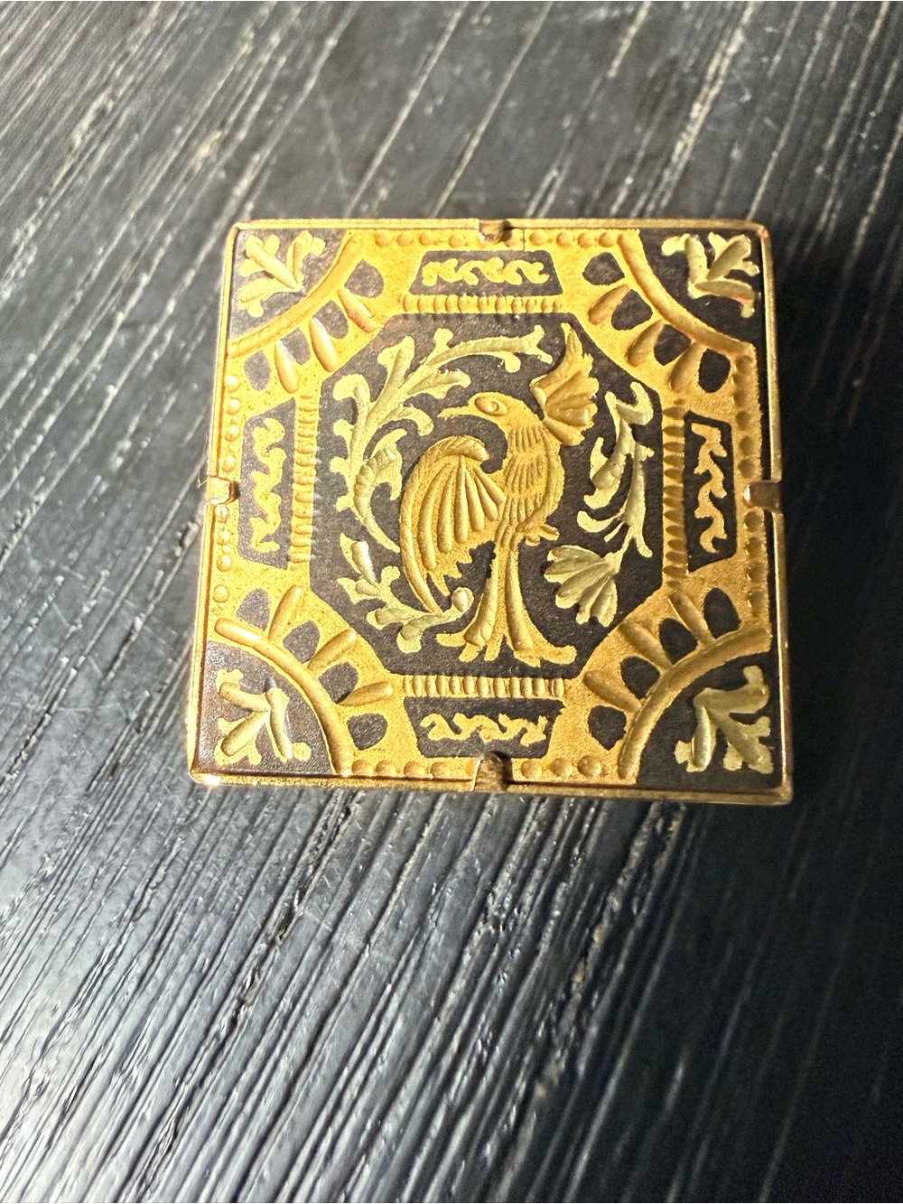 Vintage Spanish Damascene Bird & Floral Square Brooch Pin